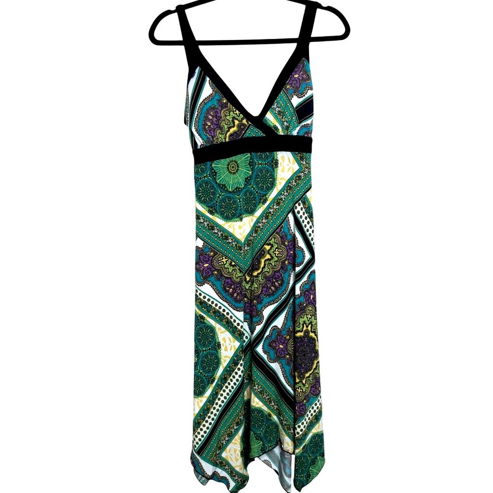 Dressbarn Womens V-Neck Sleeveless Handkerchief Hem Dress Size 14 Green & Purple - Picture 1 of 5